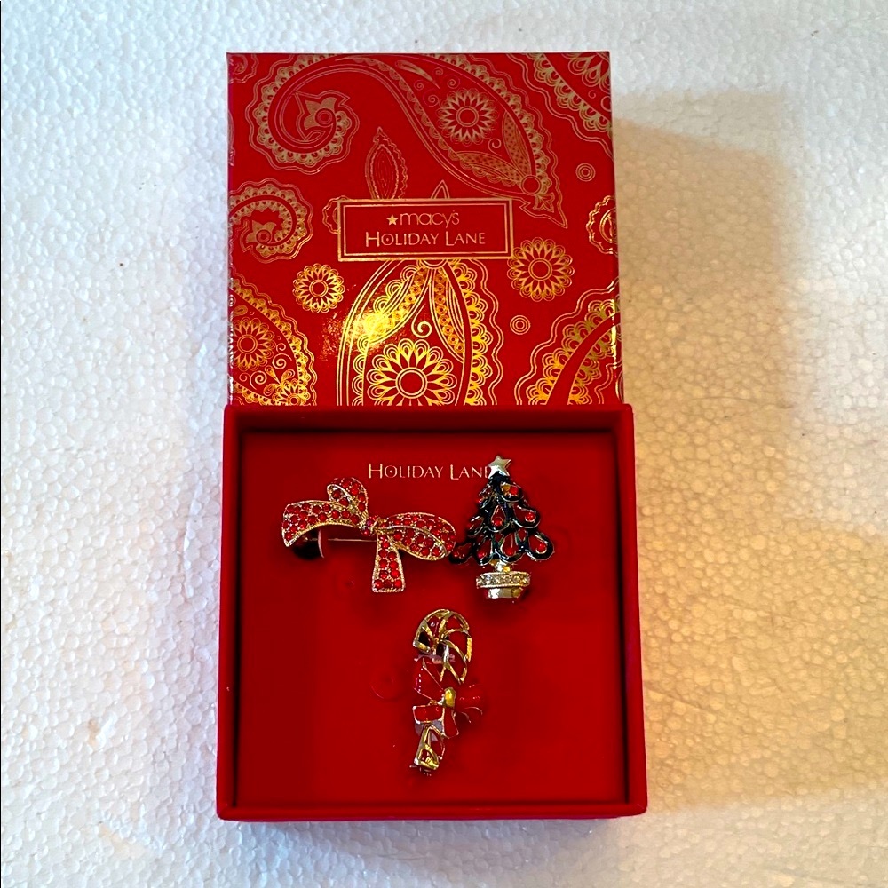 Macy's Holiday Lane Red and Gold Brooch Set of 3 in the box